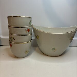 Vtg compote service Riga Porcelain PFF Stamps For 4 Servings Hand painted Apples